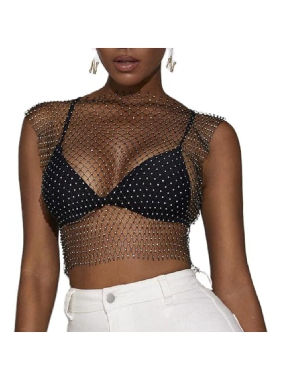 Women's Sparkly Mesh Rhinestone Crop Top Sleeveless Hollow Out Tank
